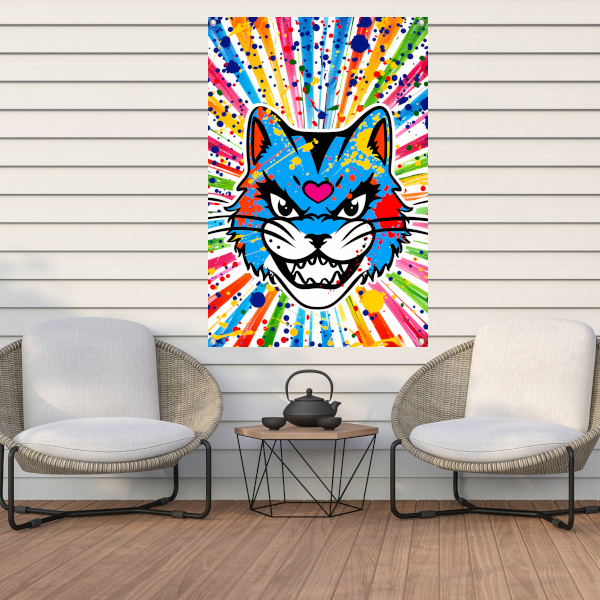 Kleurrijke kat met abstracte spatten achtergrond tuinposter