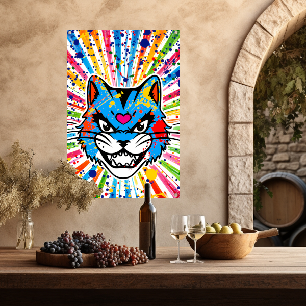 Kleurrijke kat met abstracte spatten achtergrond tuinposter