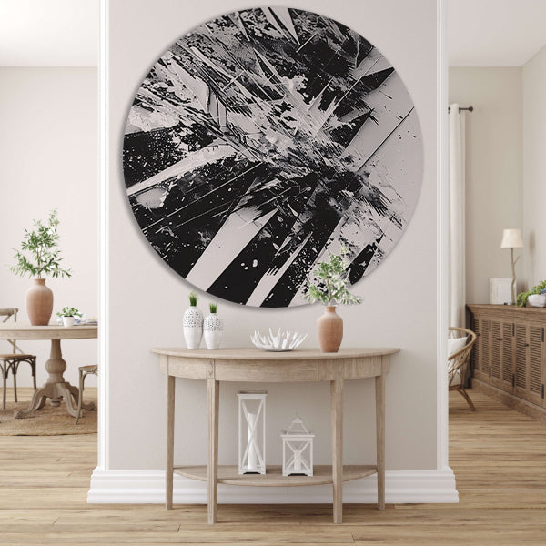 Dynamisch abstract zwart-wit ontwerp met scherpe lijnen forex muurcirkel