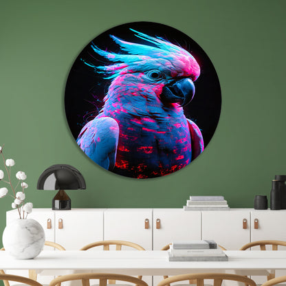 Digitale kunst van futuristische neon papegaai aluminium muurcirkel
