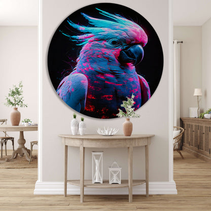 Digitale kunst van futuristische neon papegaai aluminium muurcirkel