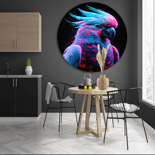 Digitale kunst van futuristische neon papegaai aluminium muurcirkel
