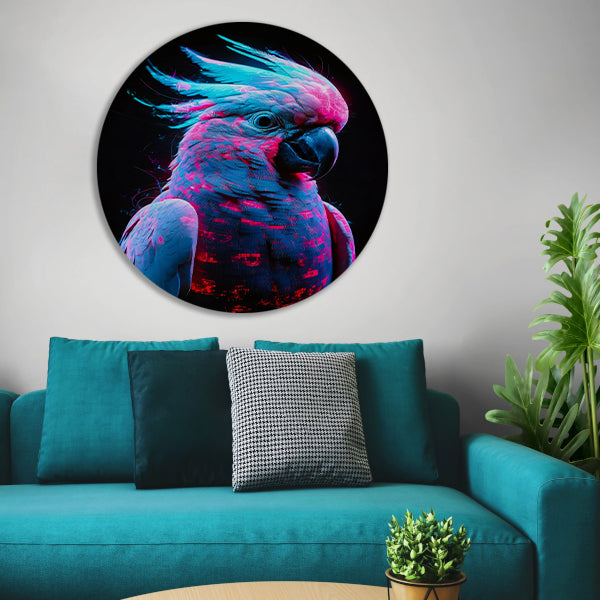 Digitale kunst van futuristische neon papegaai aluminium muurcirkel
