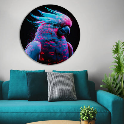Digitale kunst van futuristische neon papegaai aluminium muurcirkel