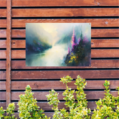 Abstract landschap met kleurrijke bloemen tuinposter