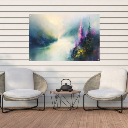 Abstract landschap met kleurrijke bloemen tuinposter