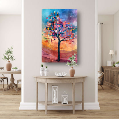 Abstracte boom in kleurrijk landschap canvas met baklijst