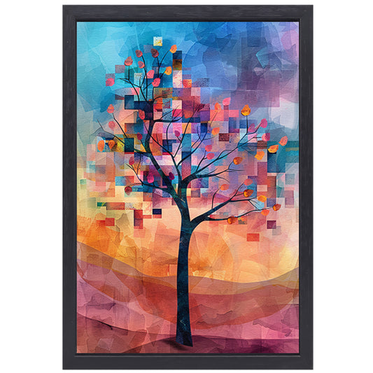 Abstracte boom in kleurrijk landschap canvas met baklijst
