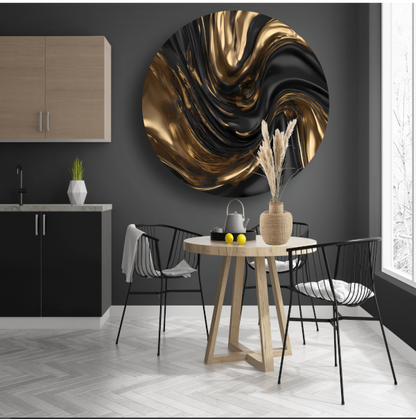 Dynamische Zwarte en Gouden Abstractie aluminium muurcirkel