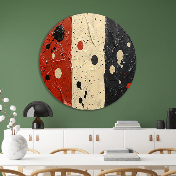 Abstract compositie rood wit zwart aluminium muurcirkel