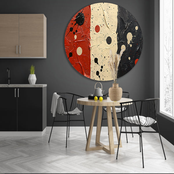 Abstract compositie rood wit zwart aluminium muurcirkel