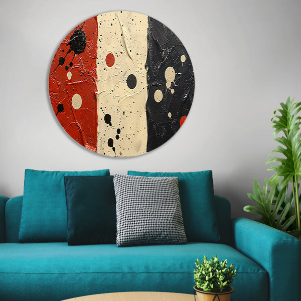 Abstract compositie rood wit zwart aluminium muurcirkel