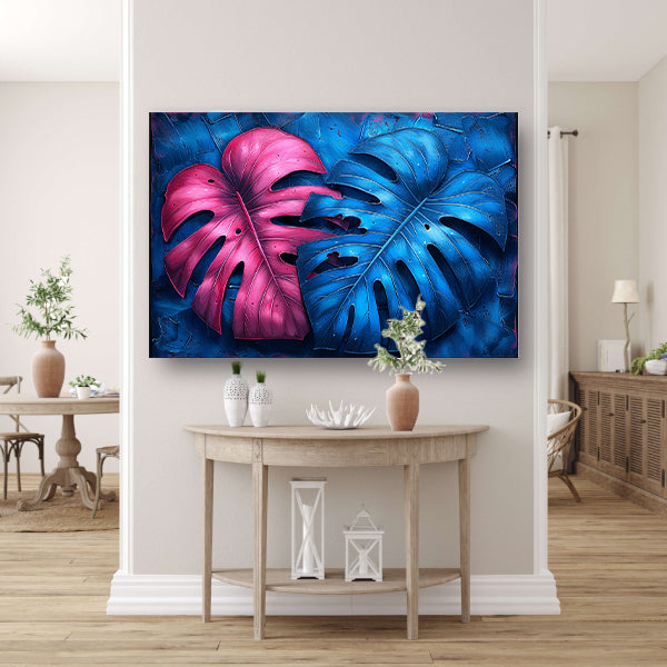 Abstract bladeren in roze en blauw canvas