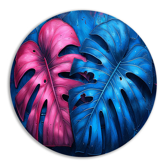 Abstract bladeren in roze en blauw aluminium muurcirkel