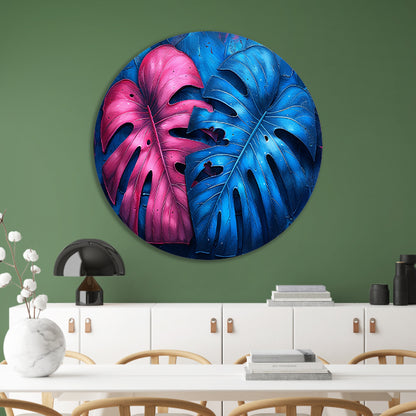 Abstract bladeren in roze en blauw aluminium muurcirkel