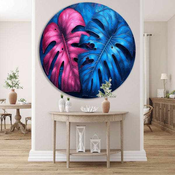 Abstract bladeren in roze en blauw aluminium muurcirkel