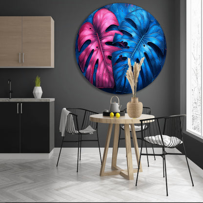 Abstract bladeren in roze en blauw aluminium muurcirkel