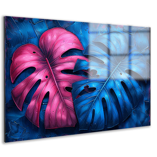 Abstract bladeren in roze en blauw acrylglas