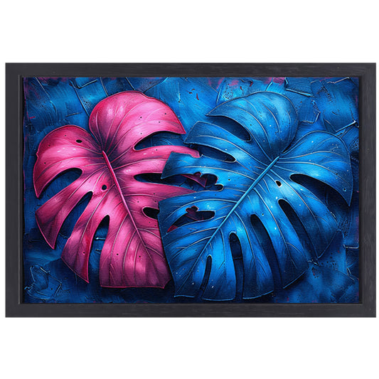 Abstract bladeren in roze en blauw canvas met baklijst