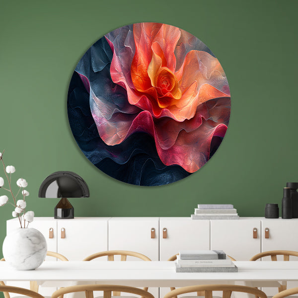 Dynamische abstracte bloem in levendige kleuren aluminium muurcirkel