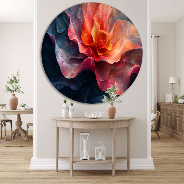 Dynamische abstracte bloem in levendige kleuren aluminium muurcirkel