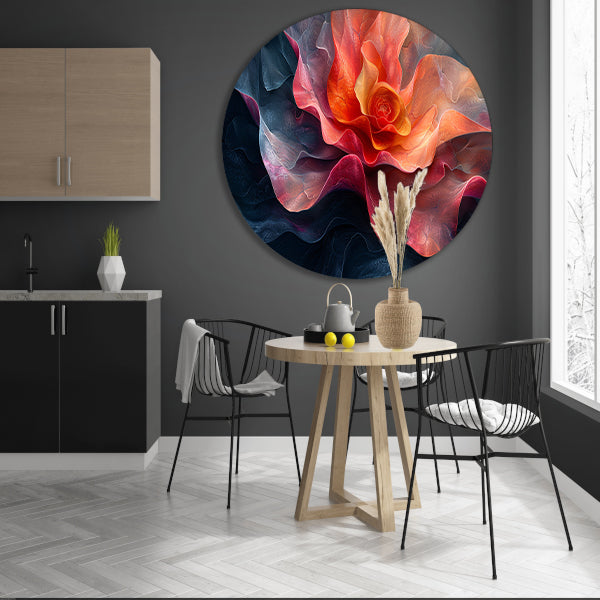 Dynamische abstracte bloem in levendige kleuren aluminium muurcirkel