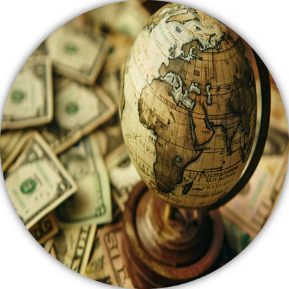 Globe op geld aluminium muurcirkel