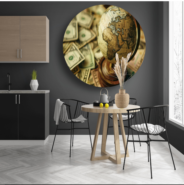 Globe op geld aluminium muurcirkel