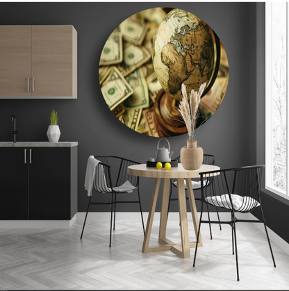 Globe op geld aluminium muurcirkel