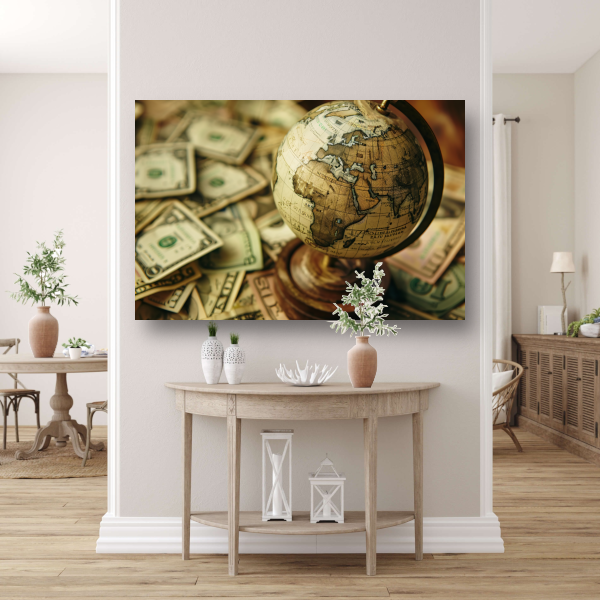 Globe op geld canvas met baklijst