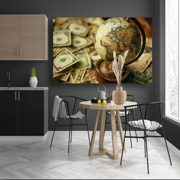 Globe op geld canvas met baklijst