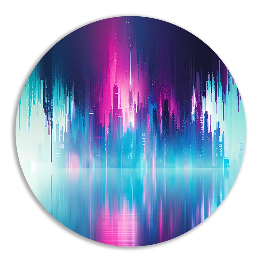 Futuristische skyline met kleurrijke reflecties forex muurcirkel