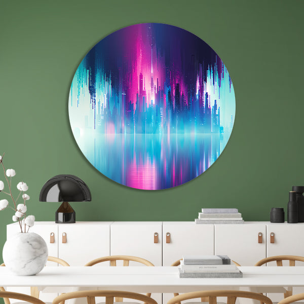 Futuristische skyline met kleurrijke reflecties aluminium muurcirkel