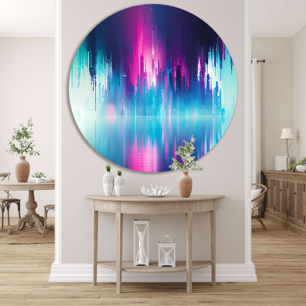 Futuristische skyline met kleurrijke reflecties aluminium muurcirkel