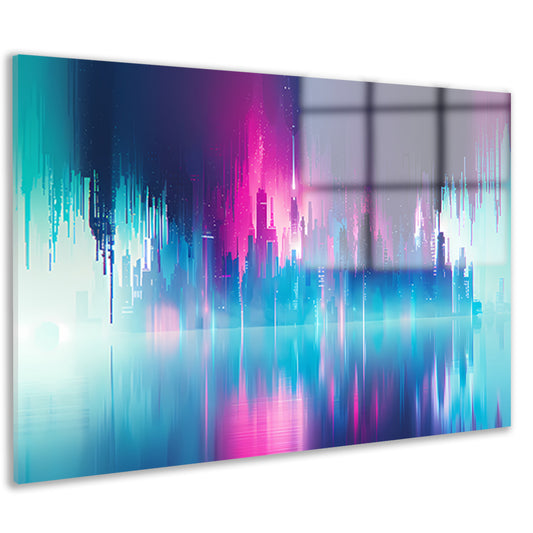Futuristische skyline met kleurrijke reflecties acrylglas