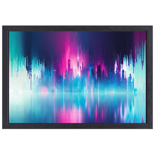 Futuristische skyline met kleurrijke reflecties canvas met baklijst