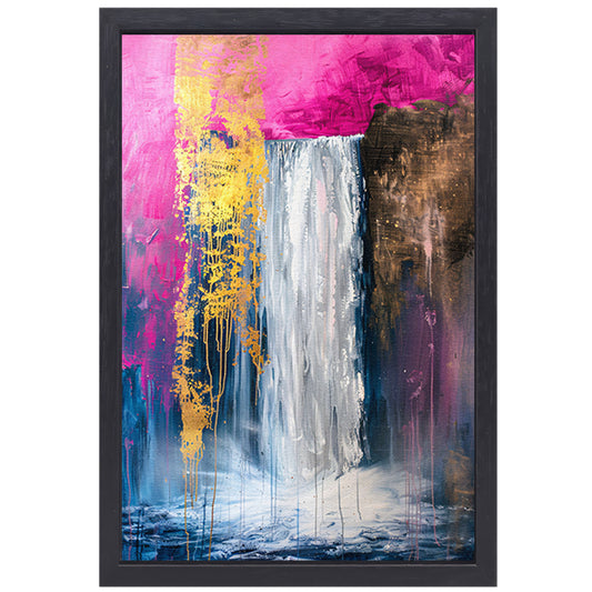 Abstract schilderij van waterval met goud canvas met baklijst
