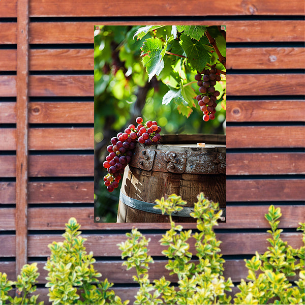 Rijpe druiven op een houten vat tuinposter