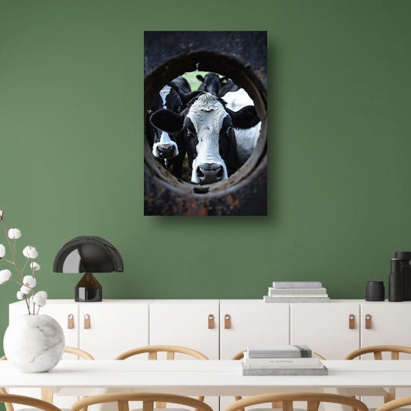 Nieuwsgierige koeien kijken door een wiel canvas