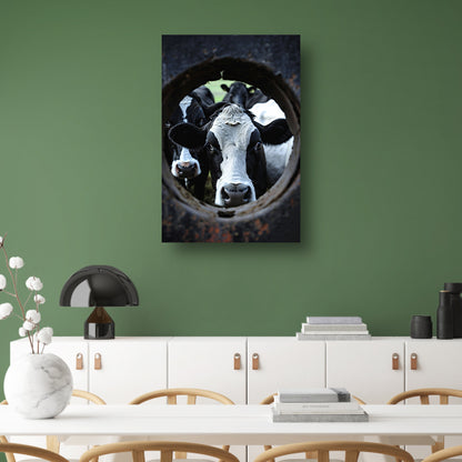 Nieuwsgierige koeien kijken door een wiel canvas