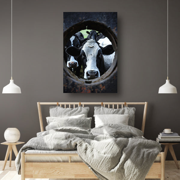 Nieuwsgierige koeien kijken door een wiel canvas