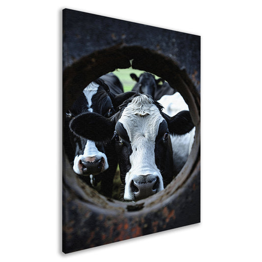 Nieuwsgierige koeien kijken door een wiel canvas
