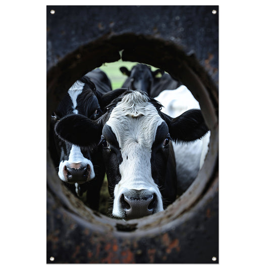 Nieuwsgierige koeien kijken door een wiel tuinposter