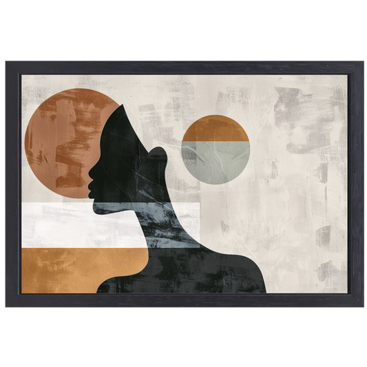 Silhouet van vrouw met minimalistische cirkels canvas met baklijst