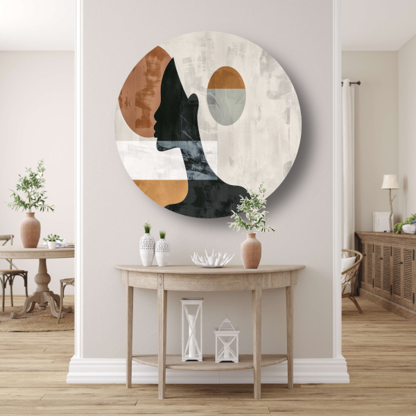 Silhouet van vrouw met minimalistische cirkels aluminium muurcirkel