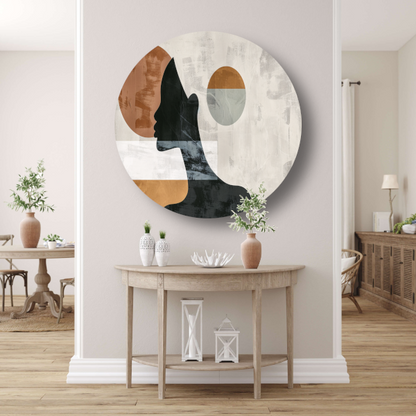 Silhouet van vrouw met minimalistische cirkels aluminium muurcirkel