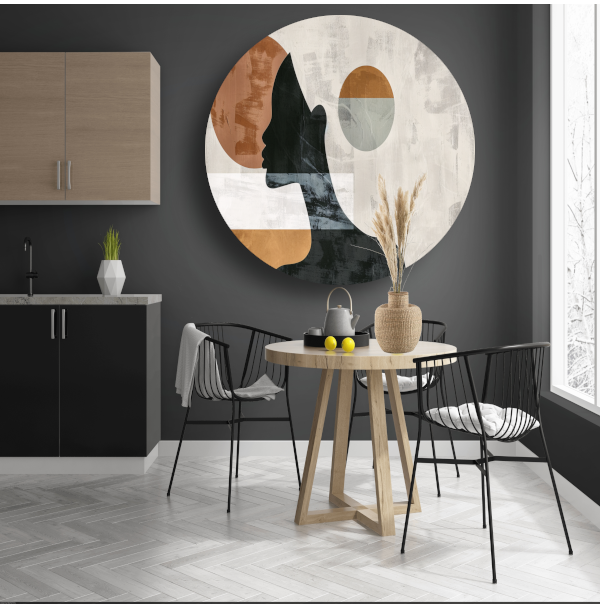 Silhouet van vrouw met minimalistische cirkels aluminium muurcirkel