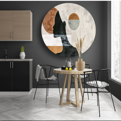 Silhouet van vrouw met minimalistische cirkels aluminium muurcirkel