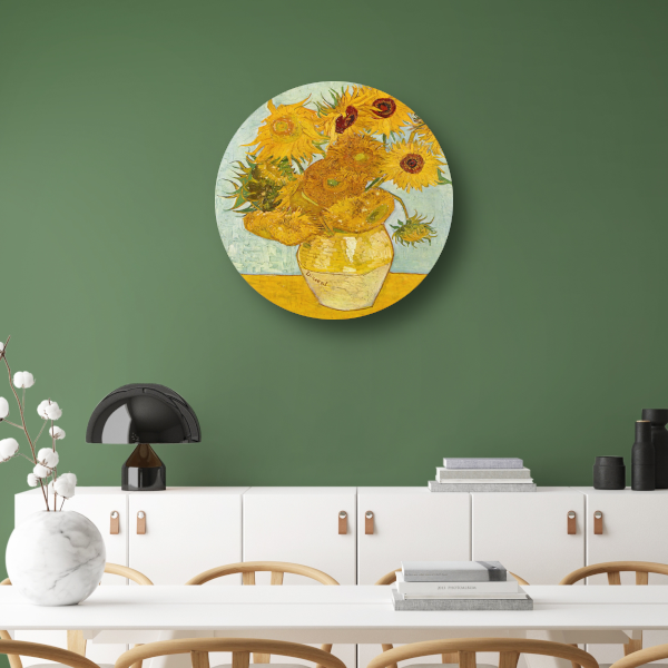 Vaas met twaalf zonnebloemen - Vincent van Gogh aluminium muurcirkel