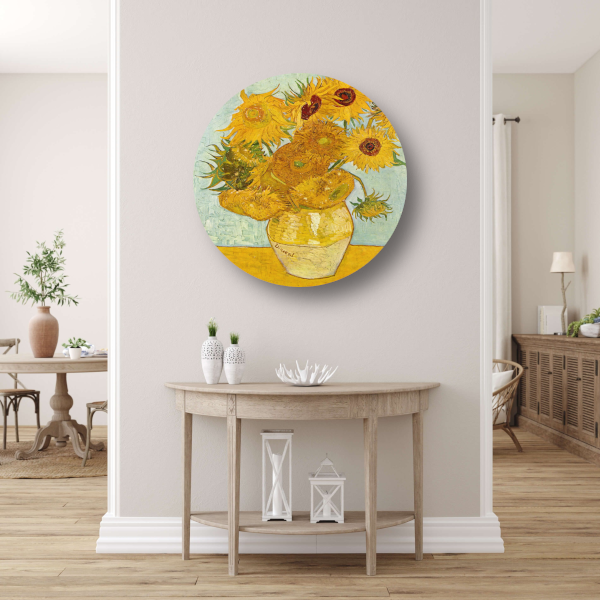 Vaas met twaalf zonnebloemen - Vincent van Gogh aluminium muurcirkel